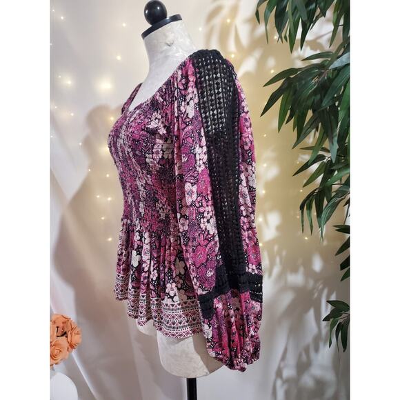 Vtg Angie Smocked Floral Crochet Balloon Sleeve Peplum Top Size XL Whimsygoth - Picture 4 of 11